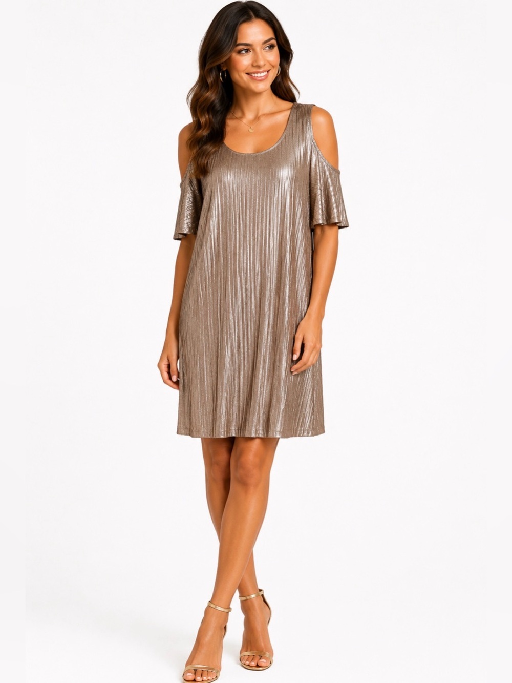 She + Sky Gold Metallic Pleated Cold Shoulder Lined Party Dress Size M